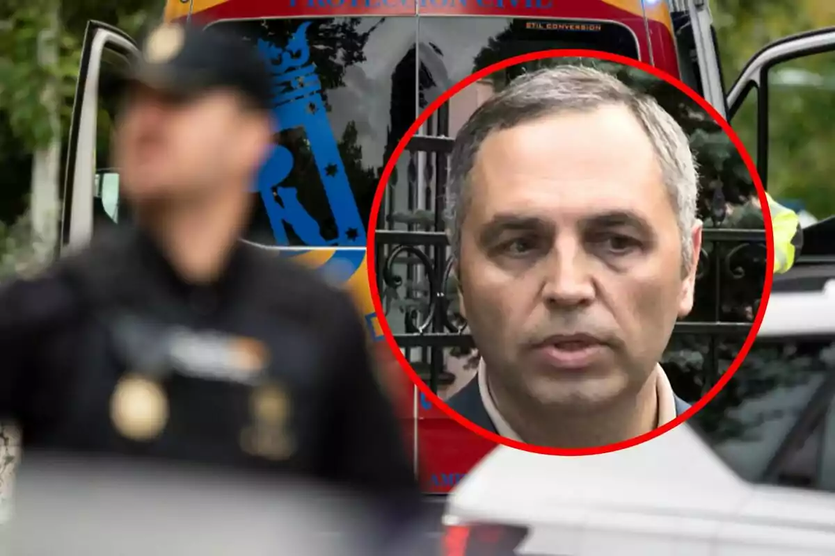 Un hombre en un círculo rojo sobre una imagen de fondo con un vehículo de emergencia y un oficial desenfocado.