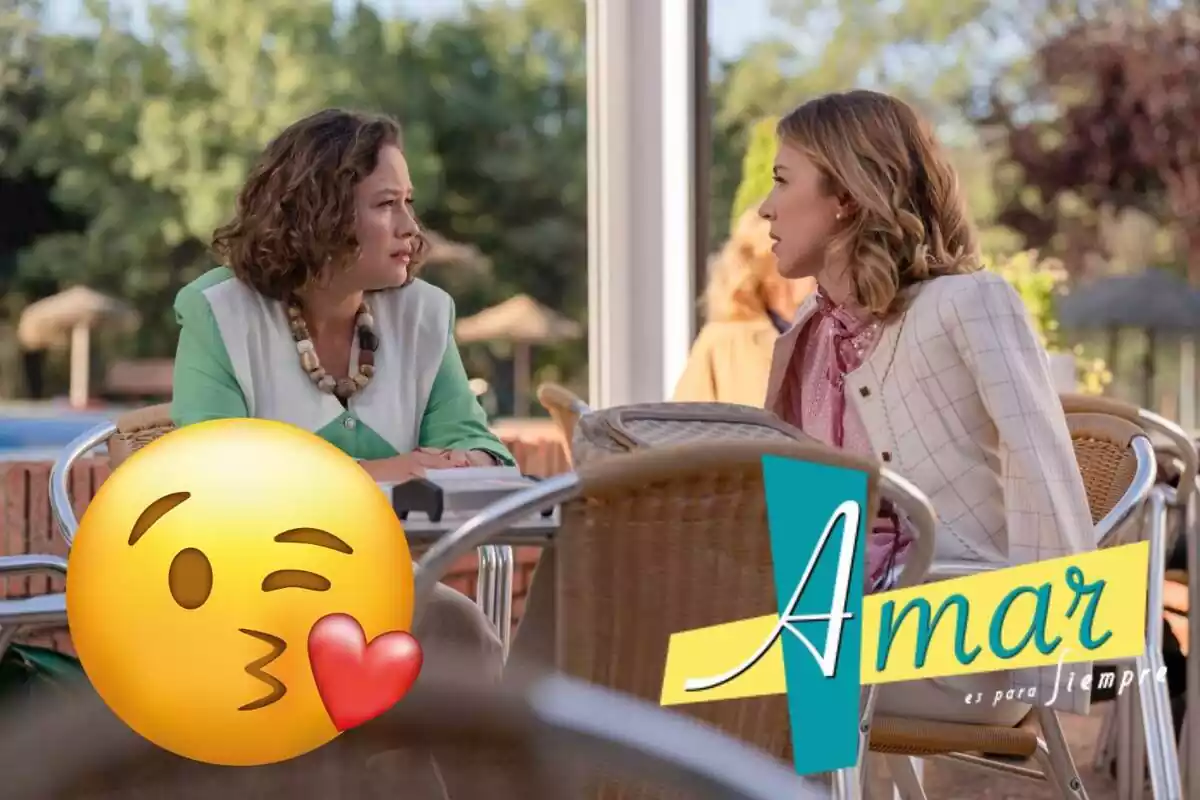 Montaje de Alicia y Victoria de 'Amar es para siempre' sentadas en una terraza de un bar, el logo de la serie y un emoji de un beso