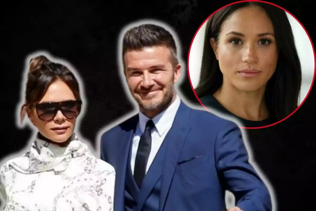 Victoria Beckham con gafas de sol y David Beckham con traje sonríen, mientras que en un círculo rojo se muestra el rostro de Meghan Markle.