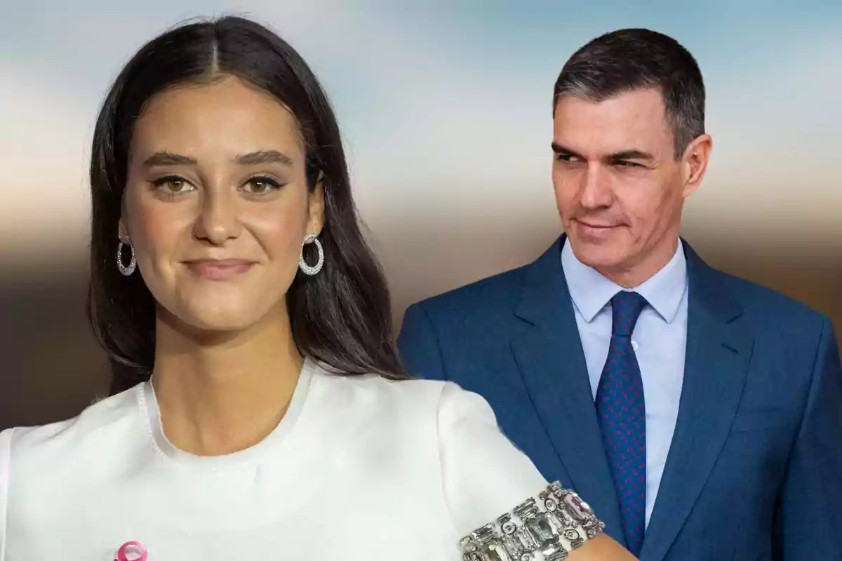 Pedro Sánchez y Victoria Federica posan juntos, una mujer con vestido blanco y un hombre con traje azul.