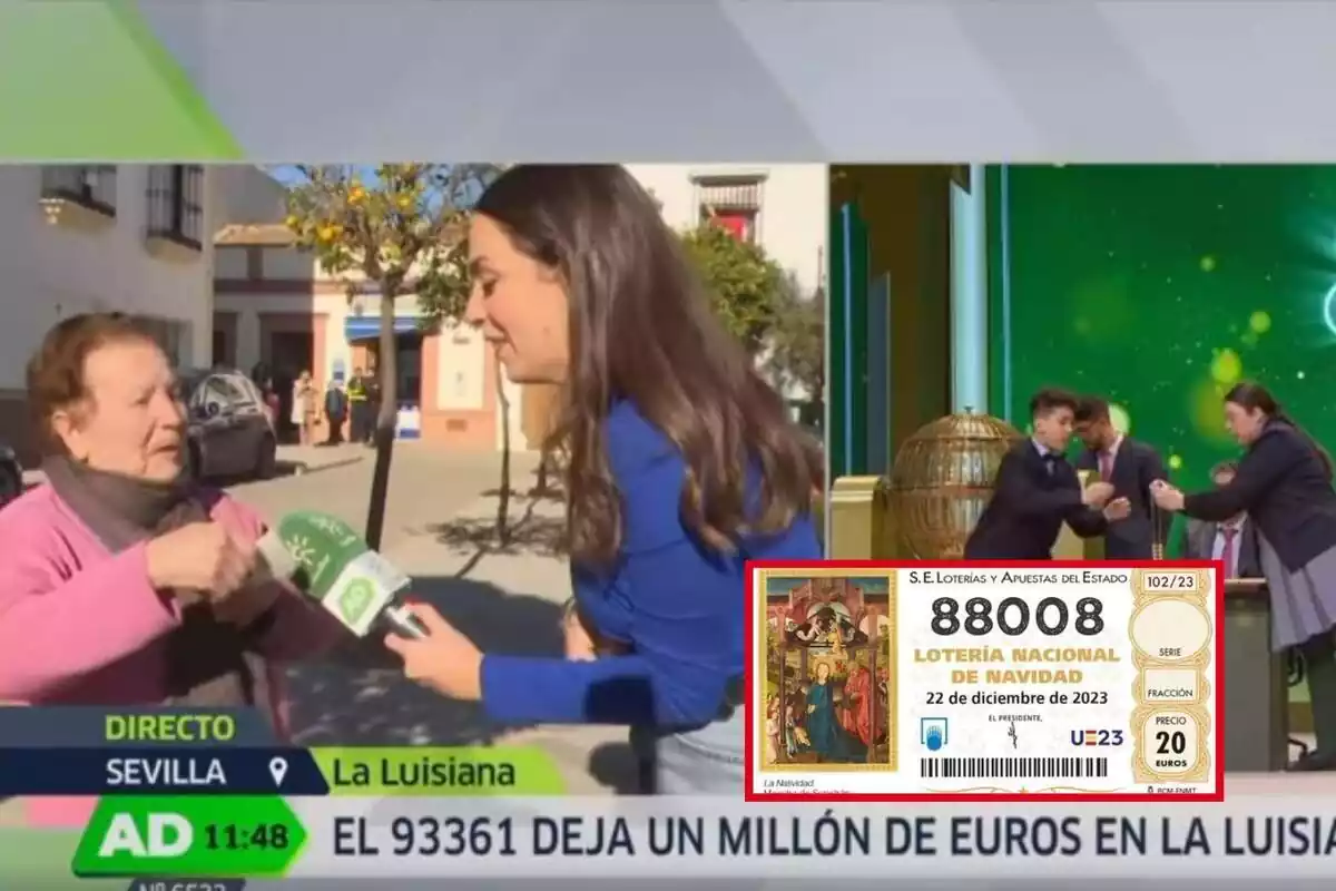 Montaje de una captura del video de Facebook de Andalucía Directo donde entrevistan a una mujer por la calle que acaba de enterarse de ue ha ganado la Lotería de Navidad, al lado de la retransmisión del sorteo y una foto del número ganador