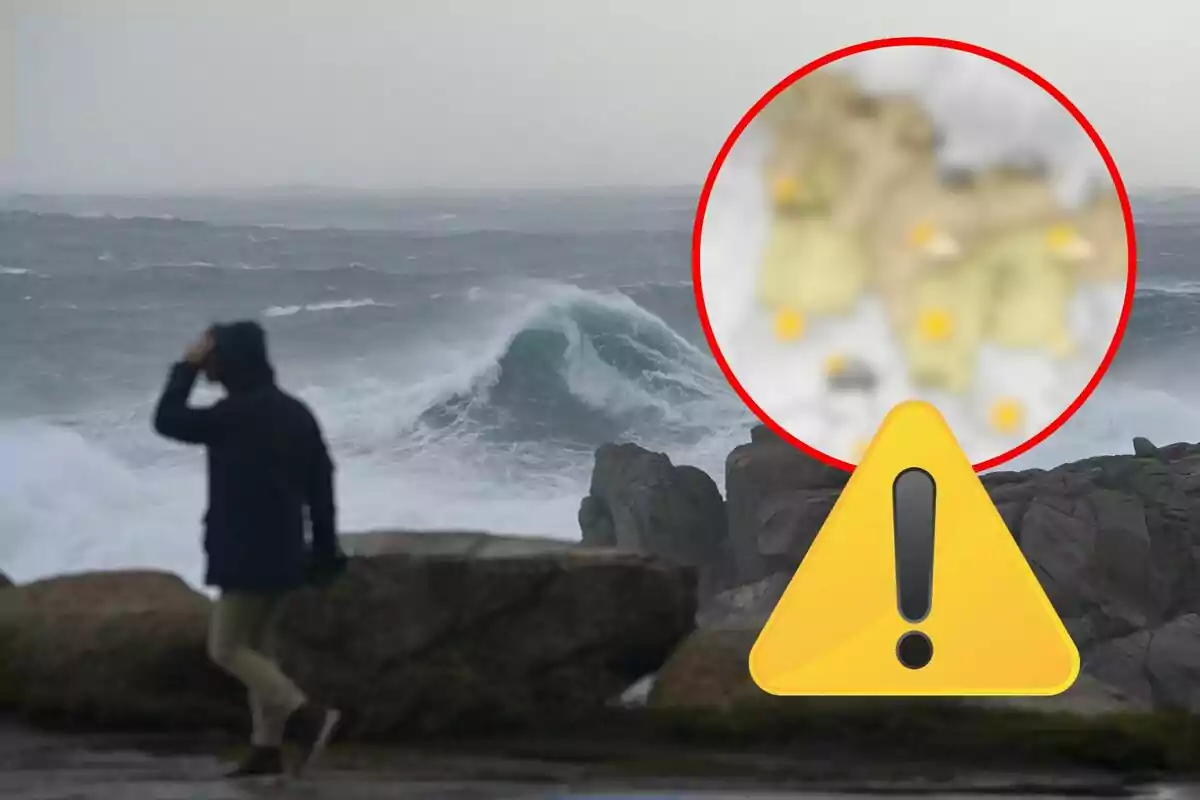 Una persona con capucha camina cerca de un mar agitado mientras un símbolo de advertencia aparece en primer plano.