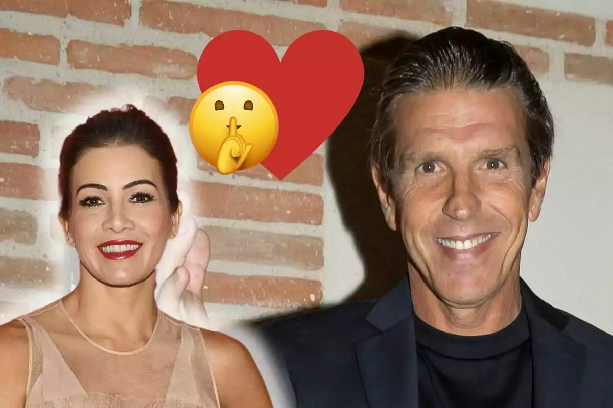 Virginia Troconis y Manuel Díaz sonrientes con un emoji de corazón y un emoji de silencio sobre un fondo de ladrillos.