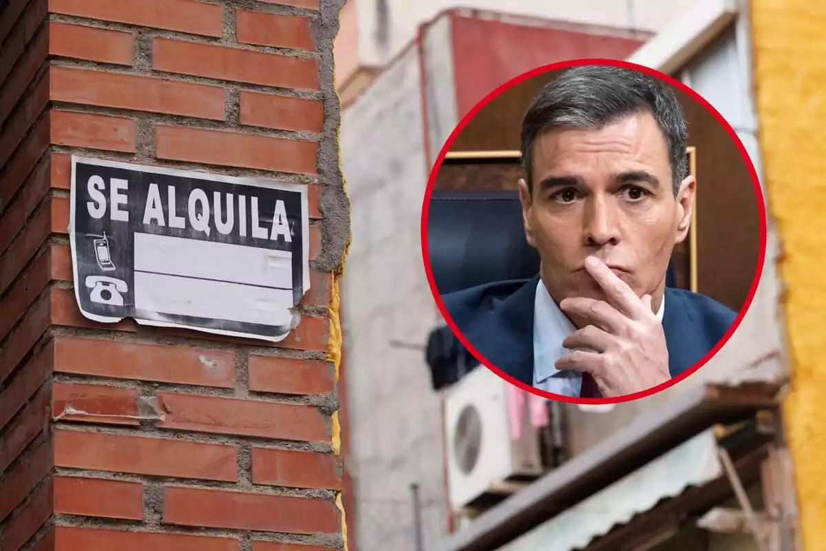 Montaje con Pedro Sánchez y un cartel de vivienda en alquiler