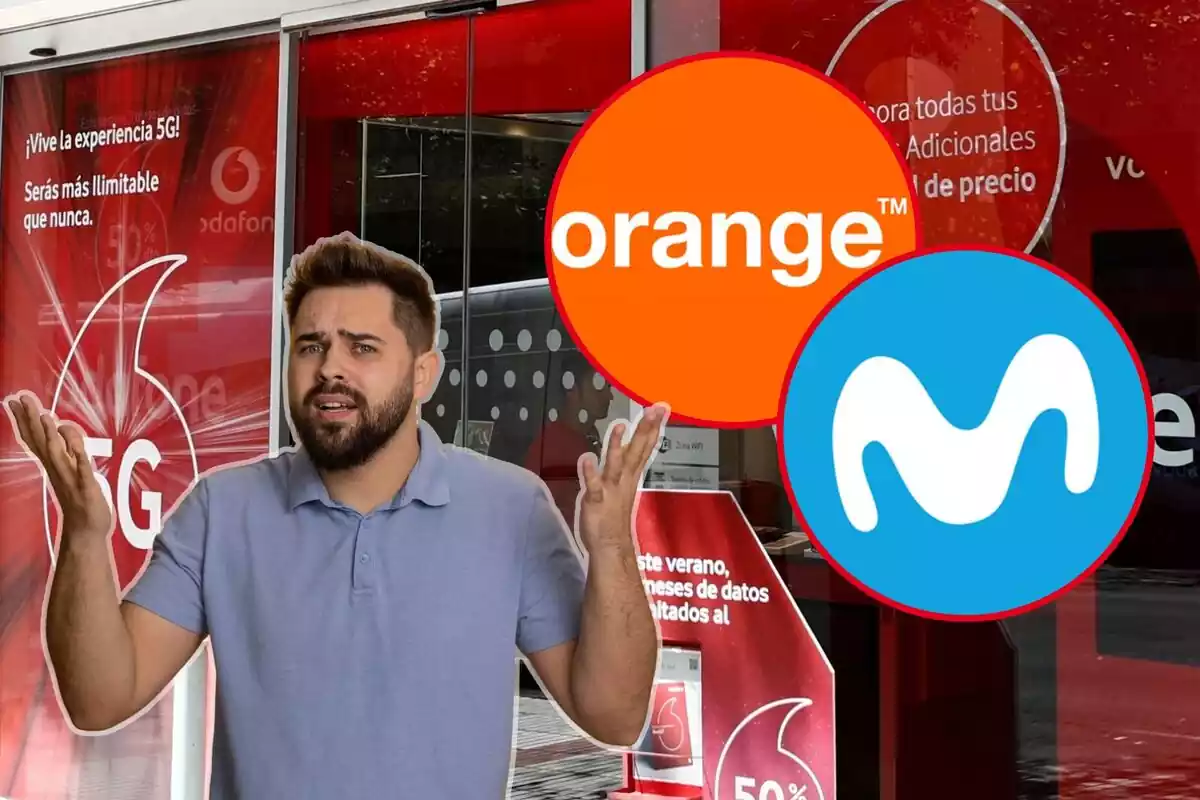 Un hombre con gesto de queja, con una tienda de Vodafone al fondo y en dos círculos, los logos de Orange y Movistar