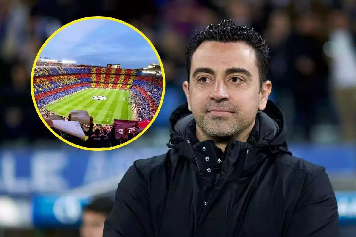 Montaje de Xavi en plano medio corto mirando el Camp Nou