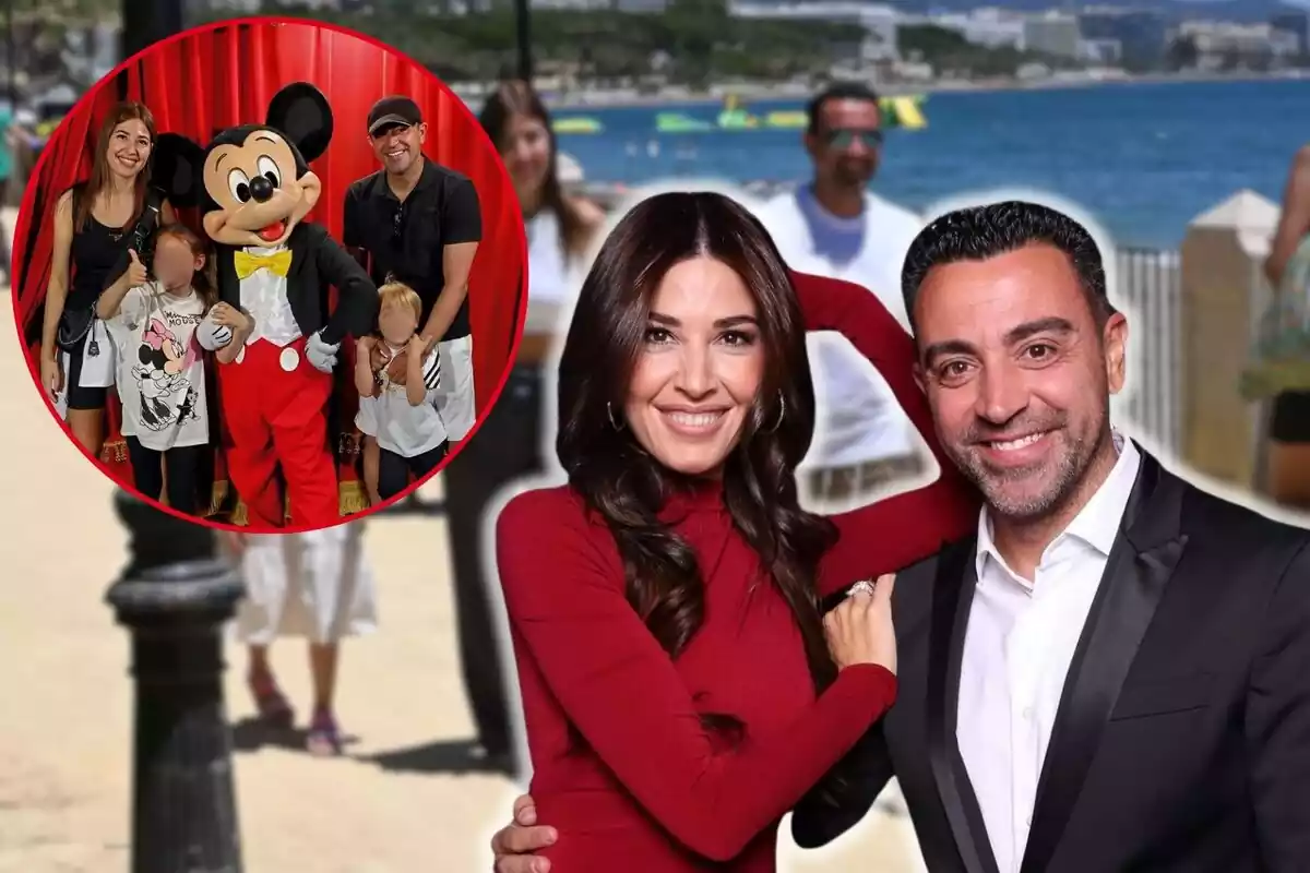 Montaje de Núria Cunillera y Xavi Hernández con sus hijos paseando, ella con un vestido rojo con el brazo en el hombro de él en traje negro y una imagen de la familia con Mickey Mouse