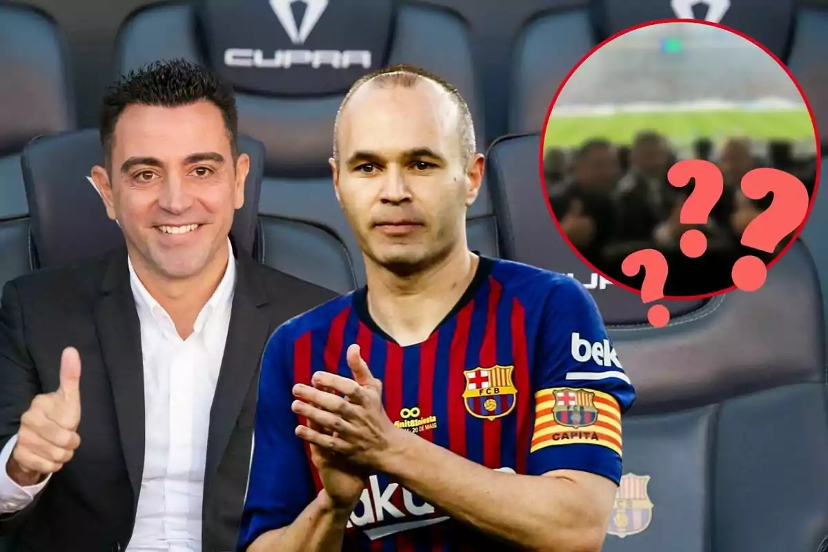 Xavi Hernández y Andrés Iniesta posando, Xavi con un pulgar hacia arriba y Andrés aplaudiendo, con un fondo de asientos de estadio y un círculo rojo con signos de interrogación.