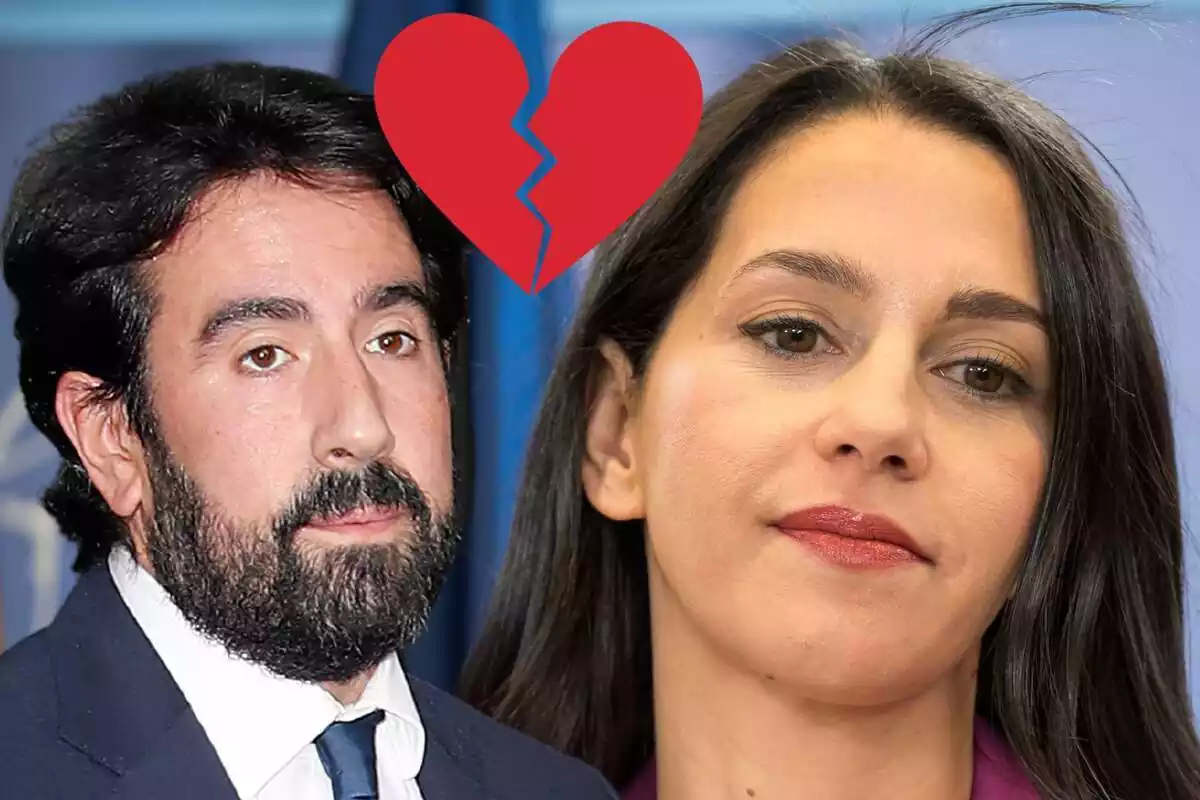 Montaje de Xavier Cimas, exmarido de Inés Arrimadas, e Inés Arrimadas serios con un corazón roto