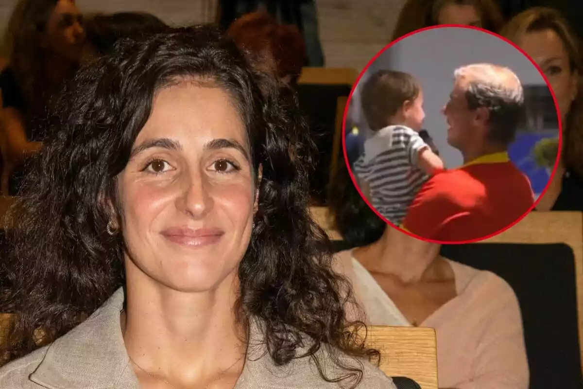 Xisca Perelló sonriente con cabello rizado en un auditorio y un recuadro que muestra a Rafa Nadal con un niño en brazos.