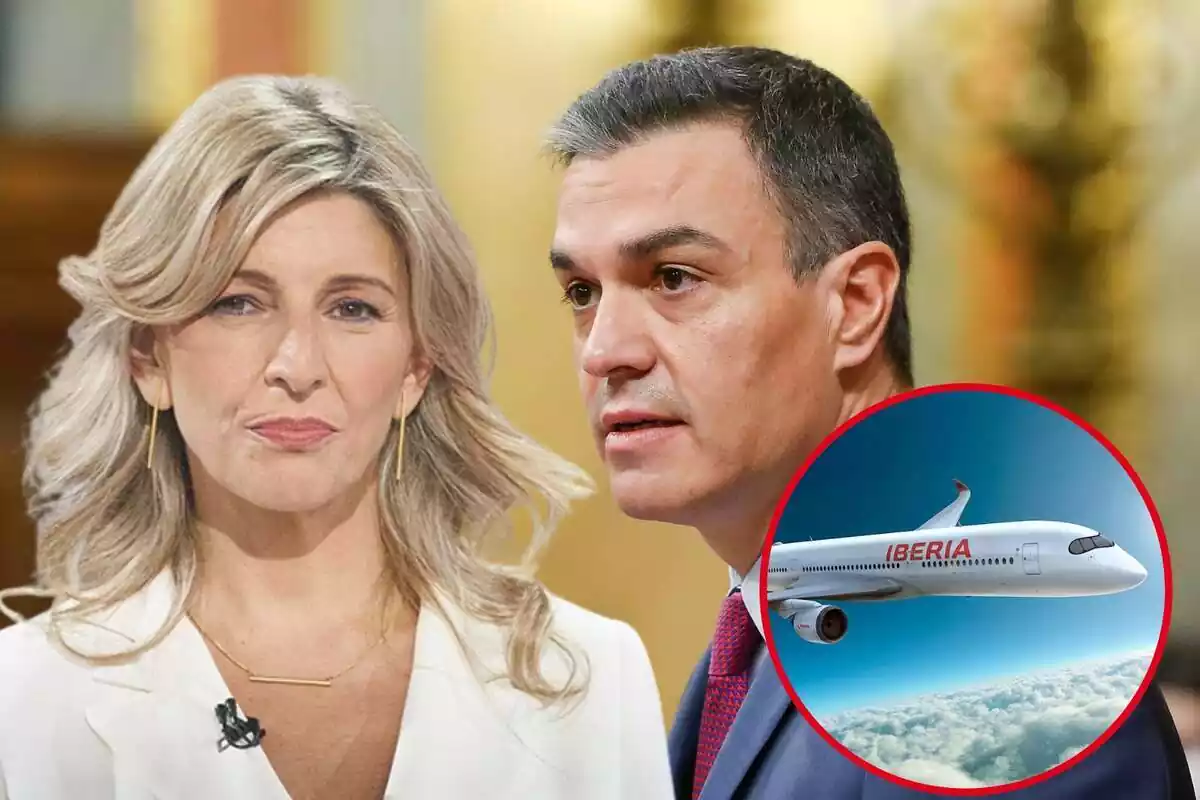 Montaje de Yolanda Díaz con rostro neutro, Pedro Sánchez de perfil serio y un avión de Iberia