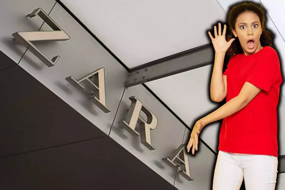 Montaje del exterior de la tienda de moda Zara donde se ve el logo y una chica en la derecha sorprendida