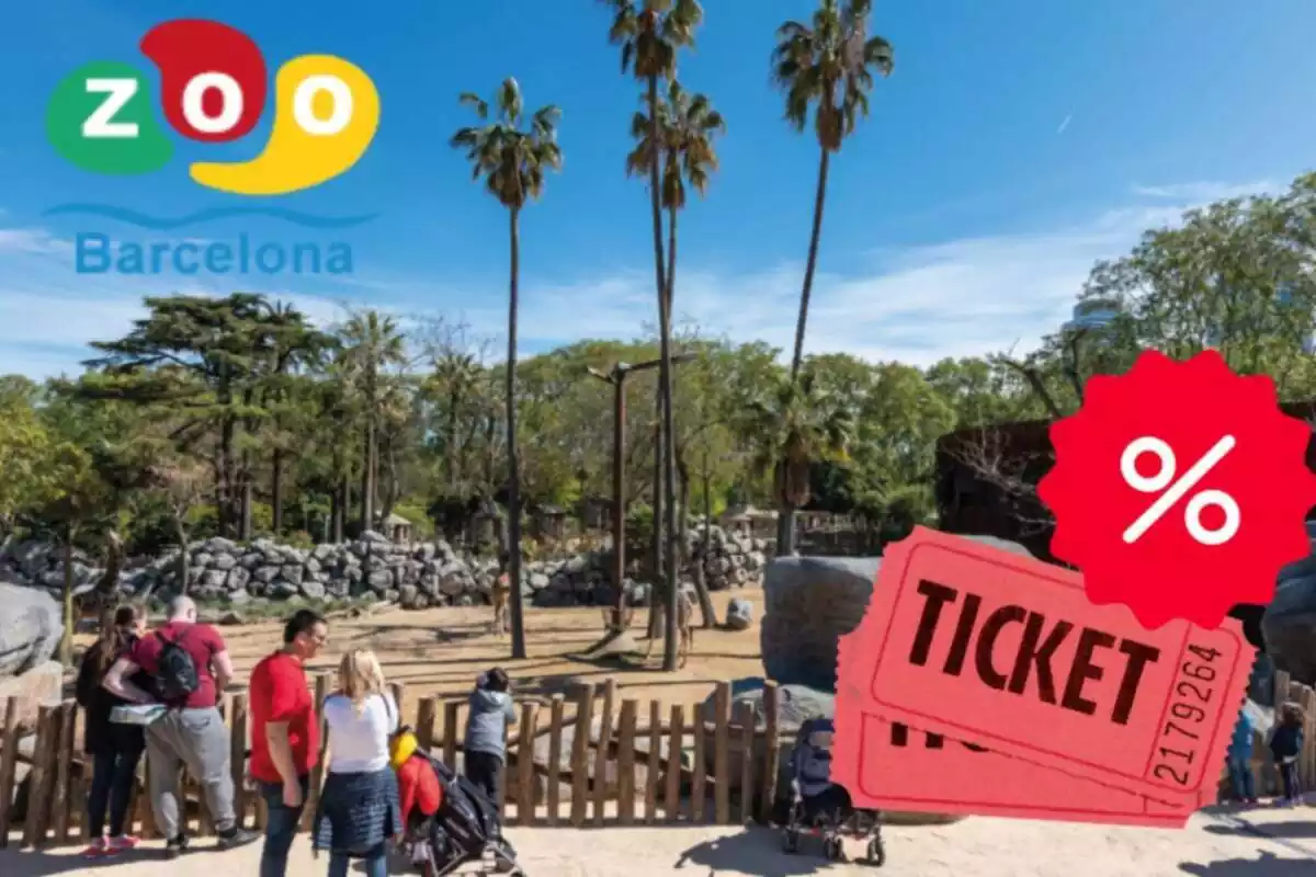 Montaje con el Zoo de Barcelona, su logo, unos tickets rojos y un signo de por ciento