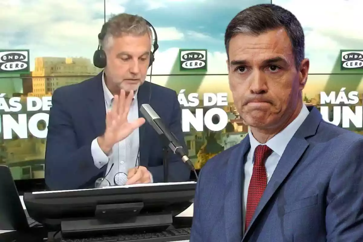 fotomontaje con una captura de pantalla del estudio de radio de Carlos Alsina con Pedro Sánchez con cara de sorpresa y preocupación