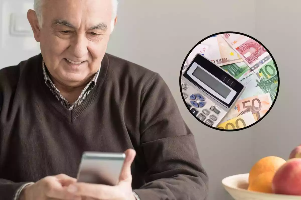 Montaje de un hombre mayor con un teléfono móvil y en el lado derecho un marco con una imagen de varios billetes de euro y una calculadora
