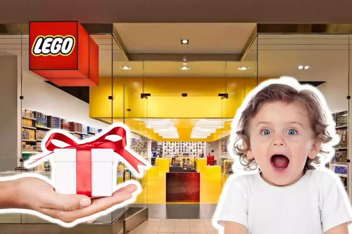 Montaje de fotos de la entrada de una tienda lego y, al lado, la imagen de un niño con rostro de sorpresa y una mano sujetando un regalo