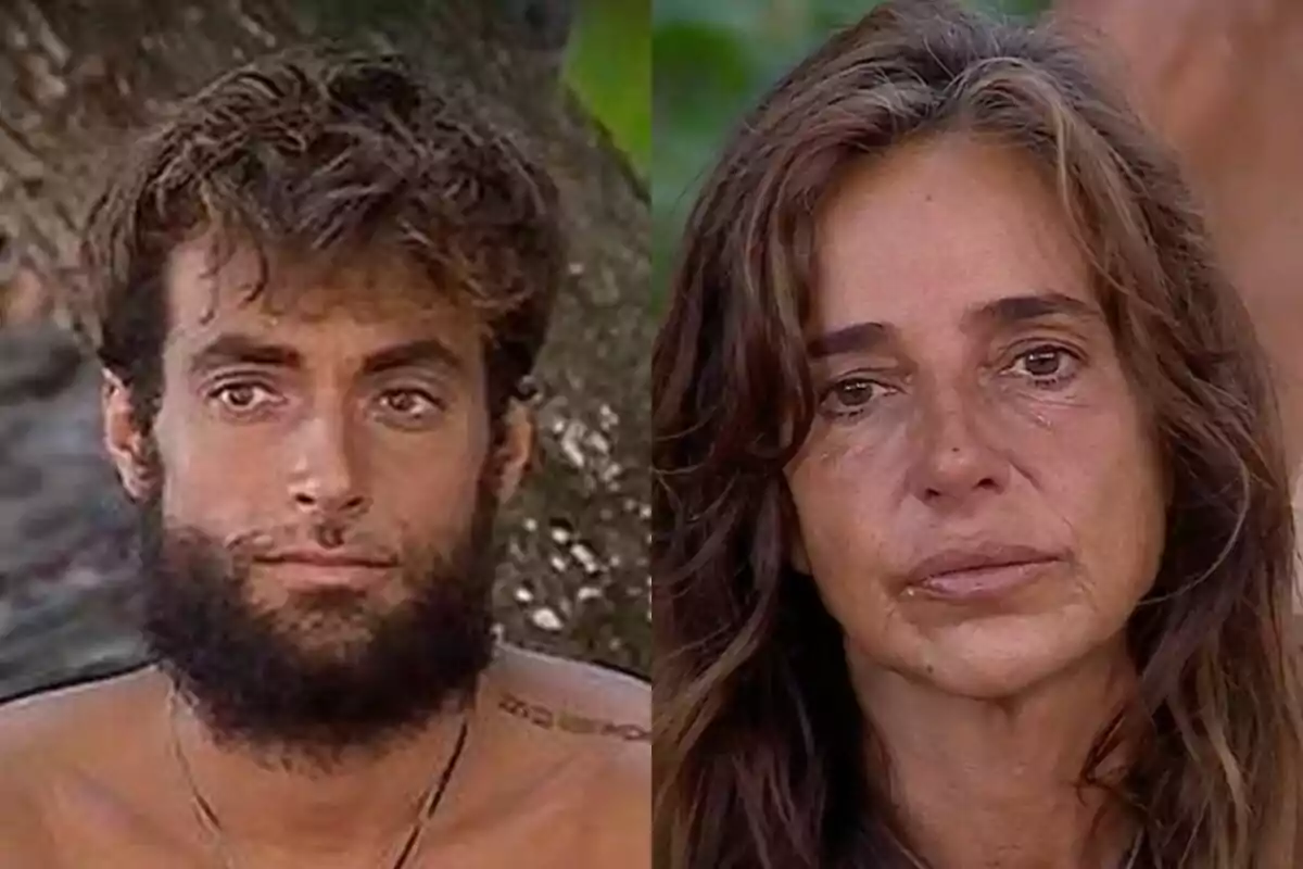 Montoya y Carmen Alcayde con expresiones serias en un entorno natural de Supervivientes.