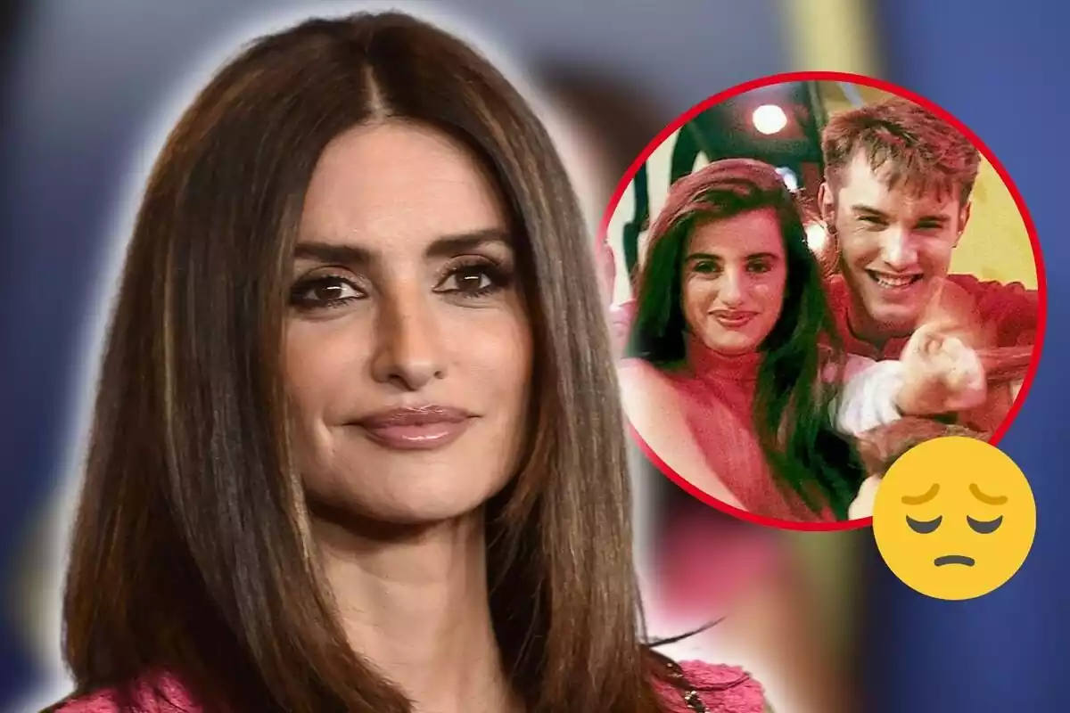 Montaje de fotos de primer plano de Penélope Cruz con rostro sonriente y, al lado, una imagen de ella con Jesús Vázquez antigua