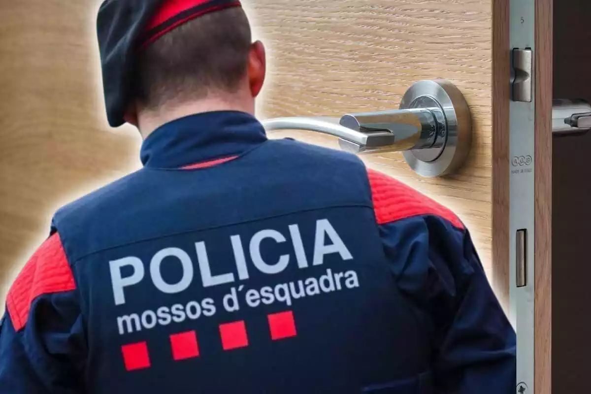 Montaje con foto de policía y una puerta de fondo