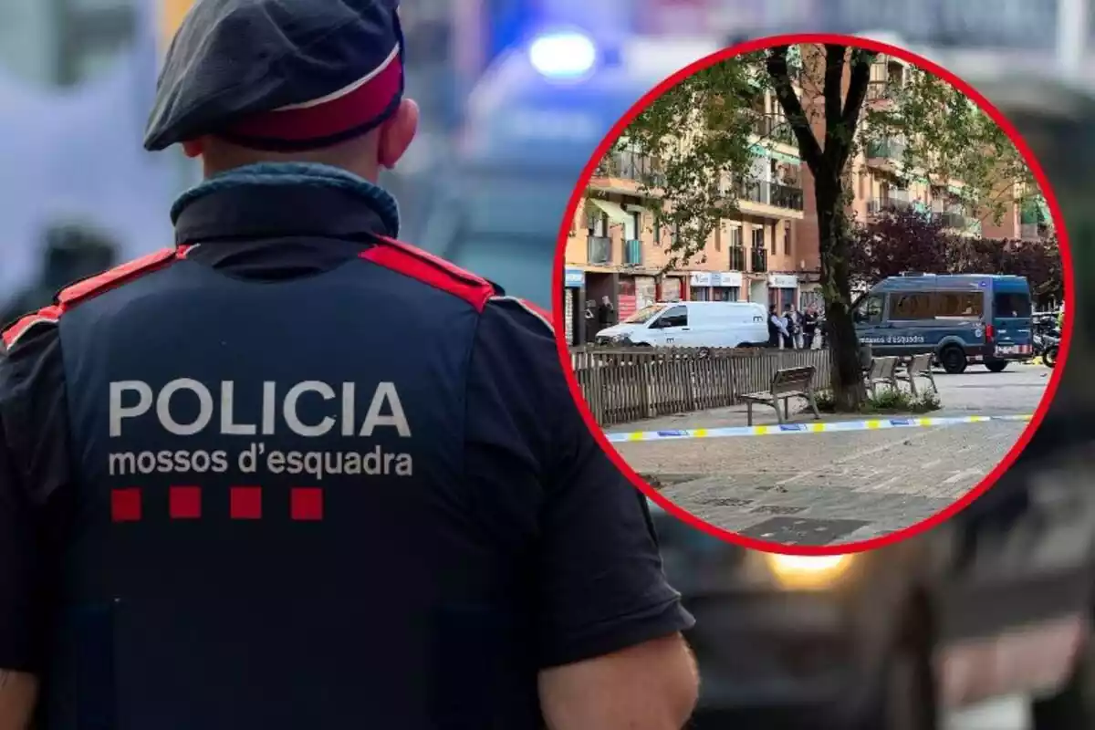 Imagen de fondo de un agente de los Mossos d'Esquadra, junto a otra imagen de una escena de tiroteo en Barcelona, en el barrio del Bèsos, con agentes de los Mossos