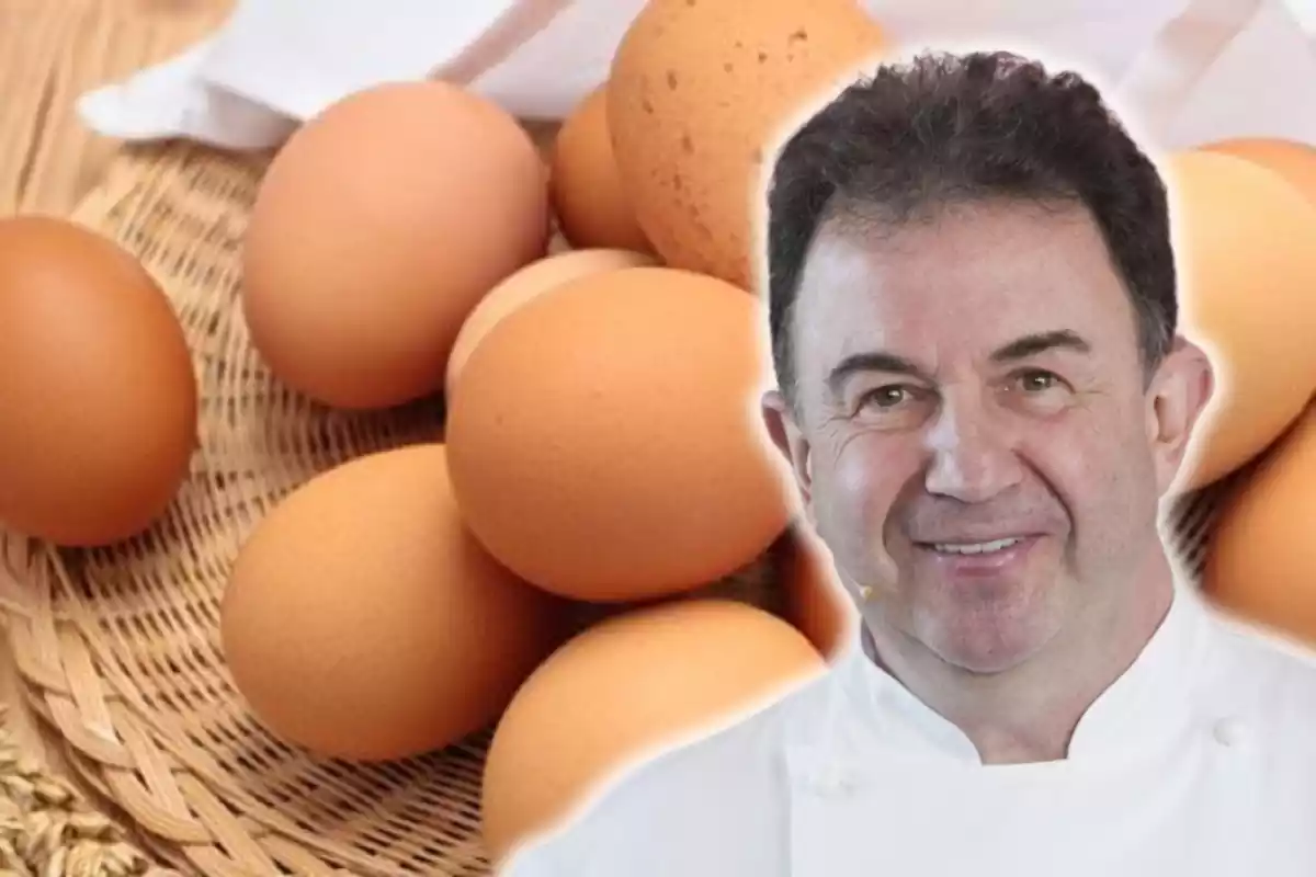 Montaje con varios huevos amontonados de fondo y el rostro del chef Martín Berasategui