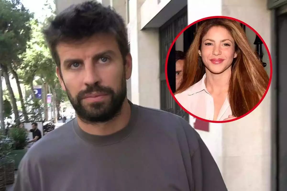 Montaje de Piqué serio y Shakira sonriendo