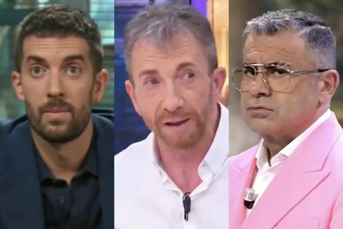 Tres hombres en un collage, David Broncano en La Revuelta, Pablo Motos en El Hormiguero y Jorge Javier Vázquez en Supervivientes, cada uno en un recuadro separado, con expresiones faciales serias y diferentes estilos de vestimenta.