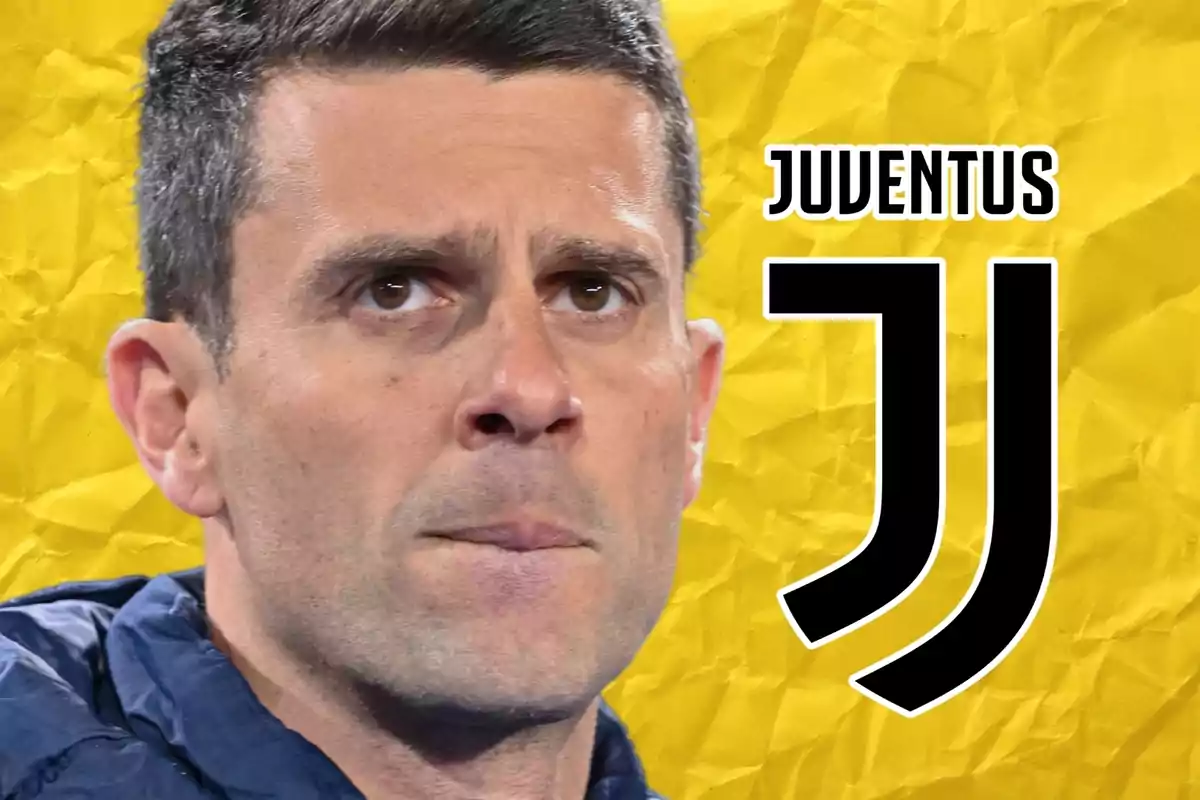 Thiago Motta en primer plano sobre un fondo amarillo y el escudo de la Juventus