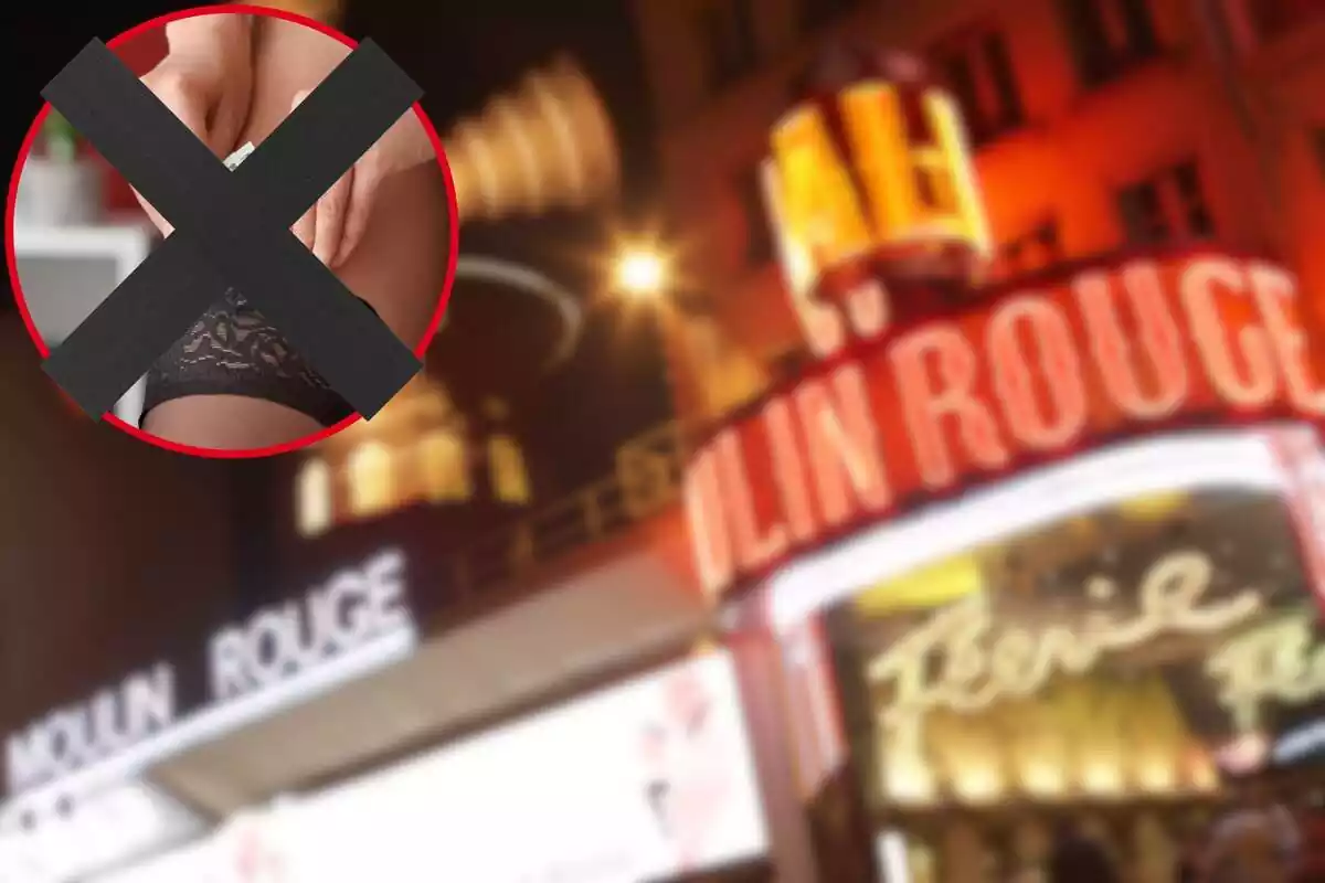 Montaje de Moulin Rouge de fondo difuminado y círculo con mujer colocándose billete en las medias y cruz encima.