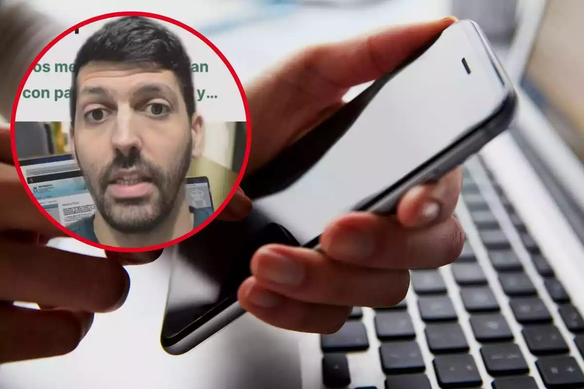 Imagen de fondo de un persona con un móvil en la mano y un ordenador y otra imagen del experto José Ramon
