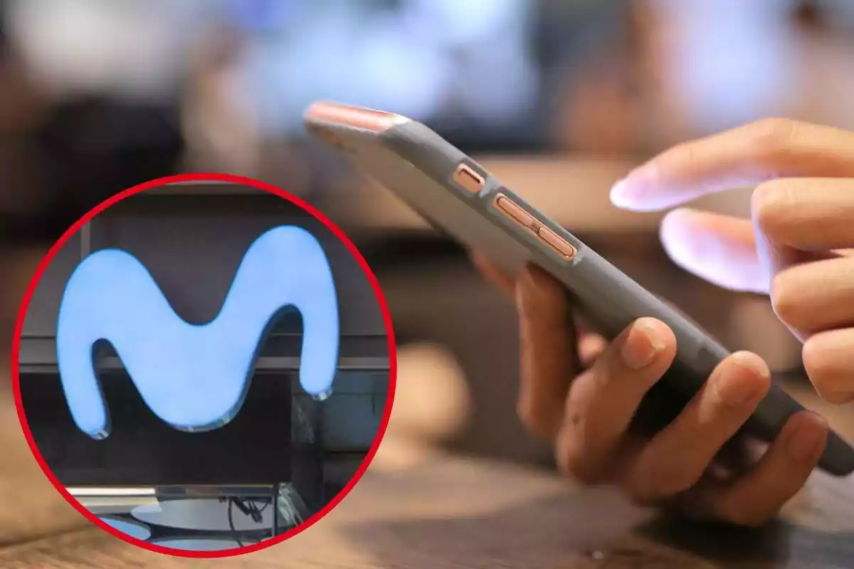 Imagen de fondo de un teléfono en unas manos y otra de un logo de Movistar