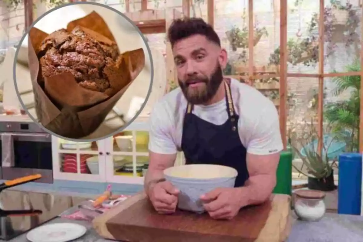 Marc Ribas en una cocina con un bol de harina entre las manos y un círculo con un muffin de chocolate