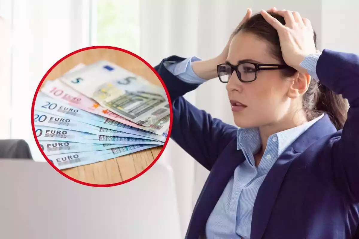 Montaje con una mujer con las manos en la cabeza y billetes de euro