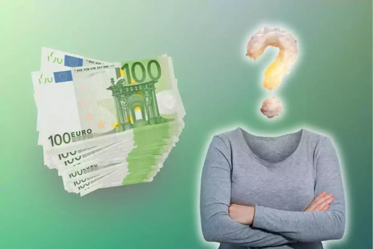 Una pila de billetes de 100 euros junto a una persona con un signo de interrogación en lugar de cabeza. Una pila de billetes de 100 euros junto a una persona con un signo de interrogación en lugar de cabeza.