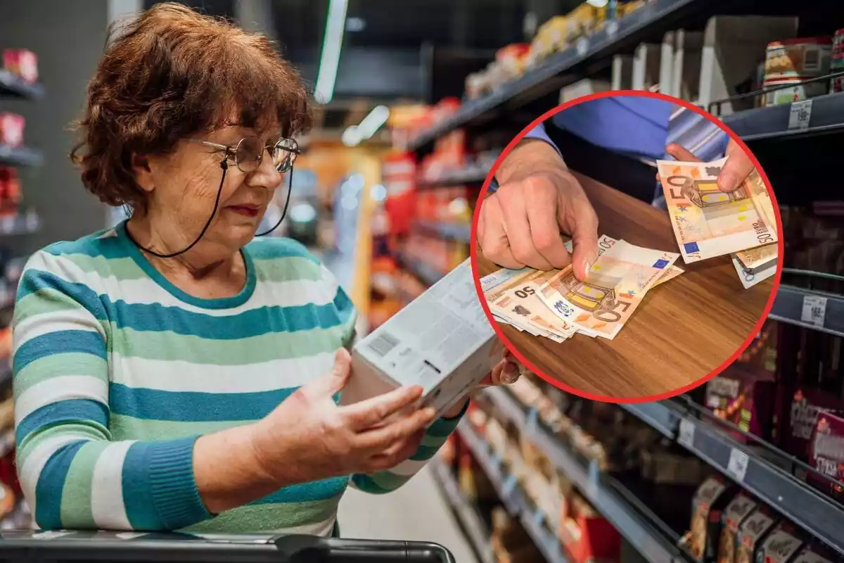 Montaje con una señora mayor comprando en un supermercado y billetes de euro