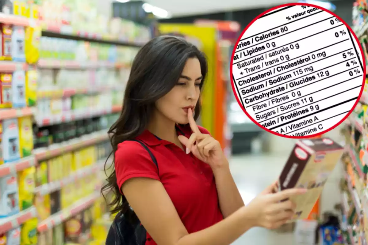 Montaje de una mujer leyendo la etiqueta de un alimento