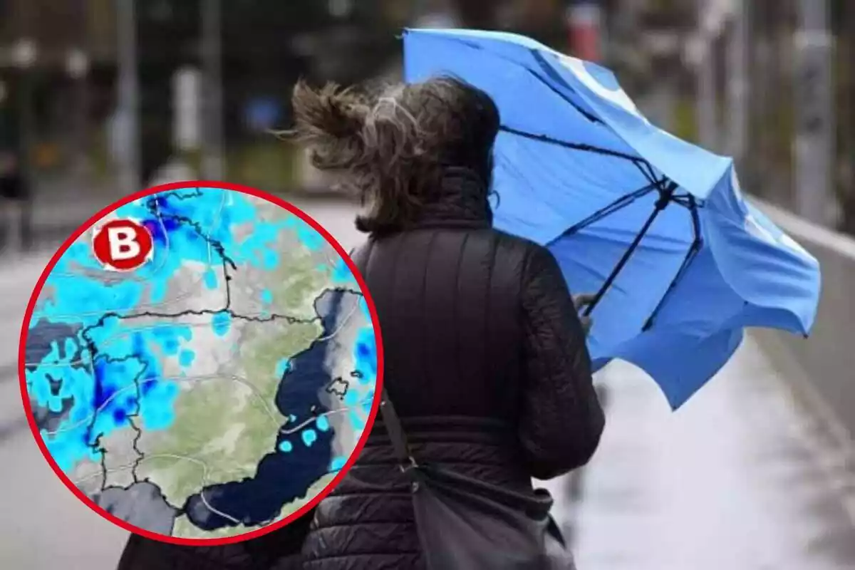Montaje con una mujer con un paraguas por la calle en pleno temporal de viento y lluvia y un círculo con un mapa radar