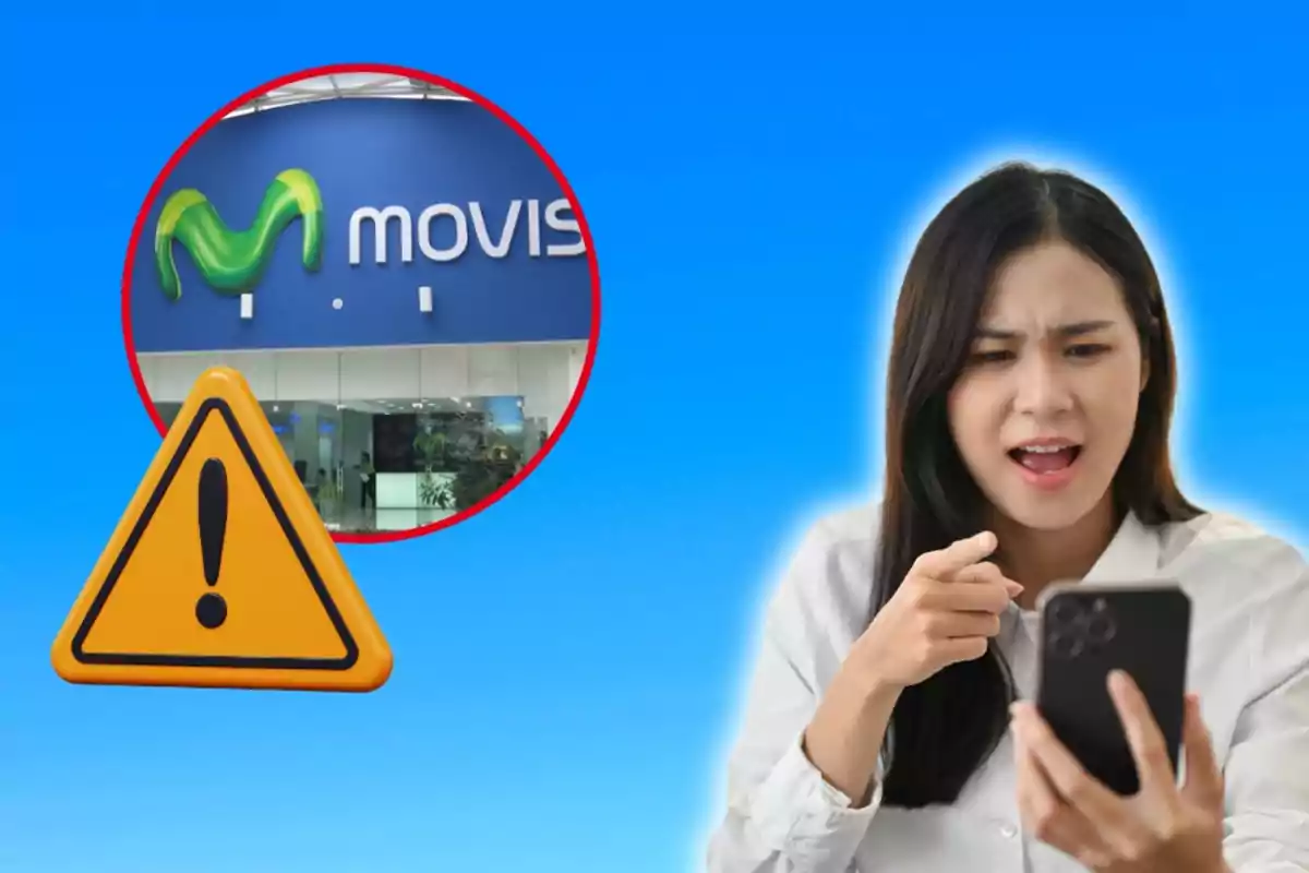 Mujer molesta mirando su teléfono con un símbolo de advertencia y el logo de Movistar en el fondo.