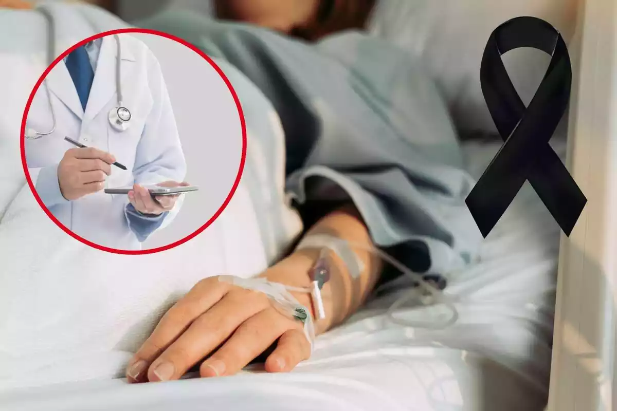 Una mujer, en la cama de un hospital; un lazo negro de luto y en el círculo, un médico