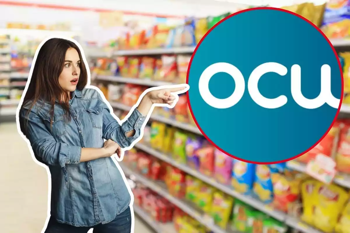 Mujer señala sorprendida a la OCU en el pasillo de un supermercado