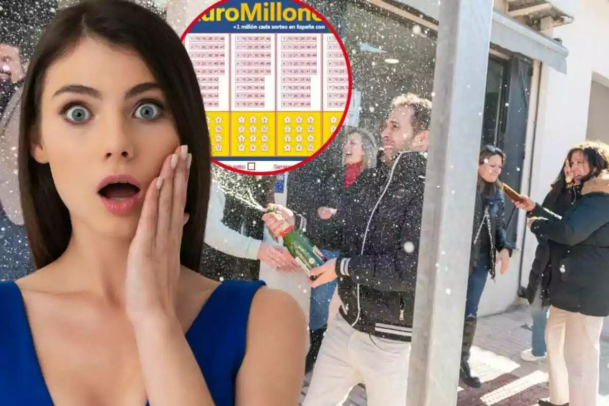 Una mujer con cara de sorprendida sobre un fondo de una celebración de lotería