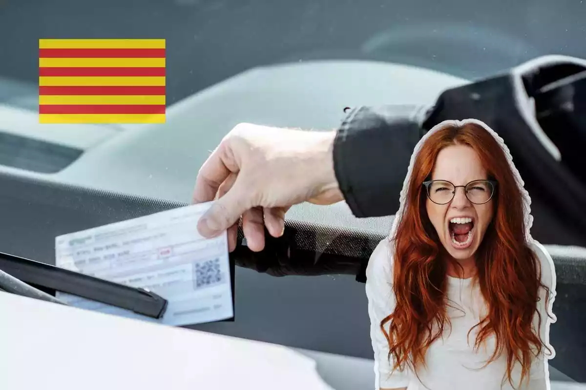 Fotomontaje con un fondo de una multa de tráfico, una bandera catalana y una mujer enfadada