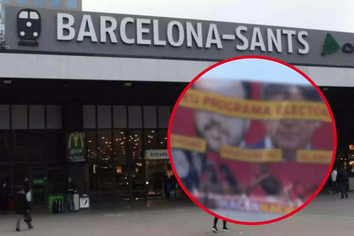 Montaje de la estación de Sants en Barcelona y una lona contra ERC y Junts