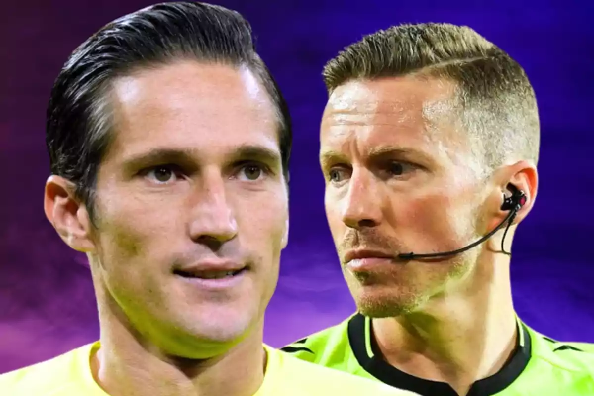 Dos árbitros de fútbol con uniforme amarillo y fondo morado, uno de ellos lleva un auricular con micrófono.
