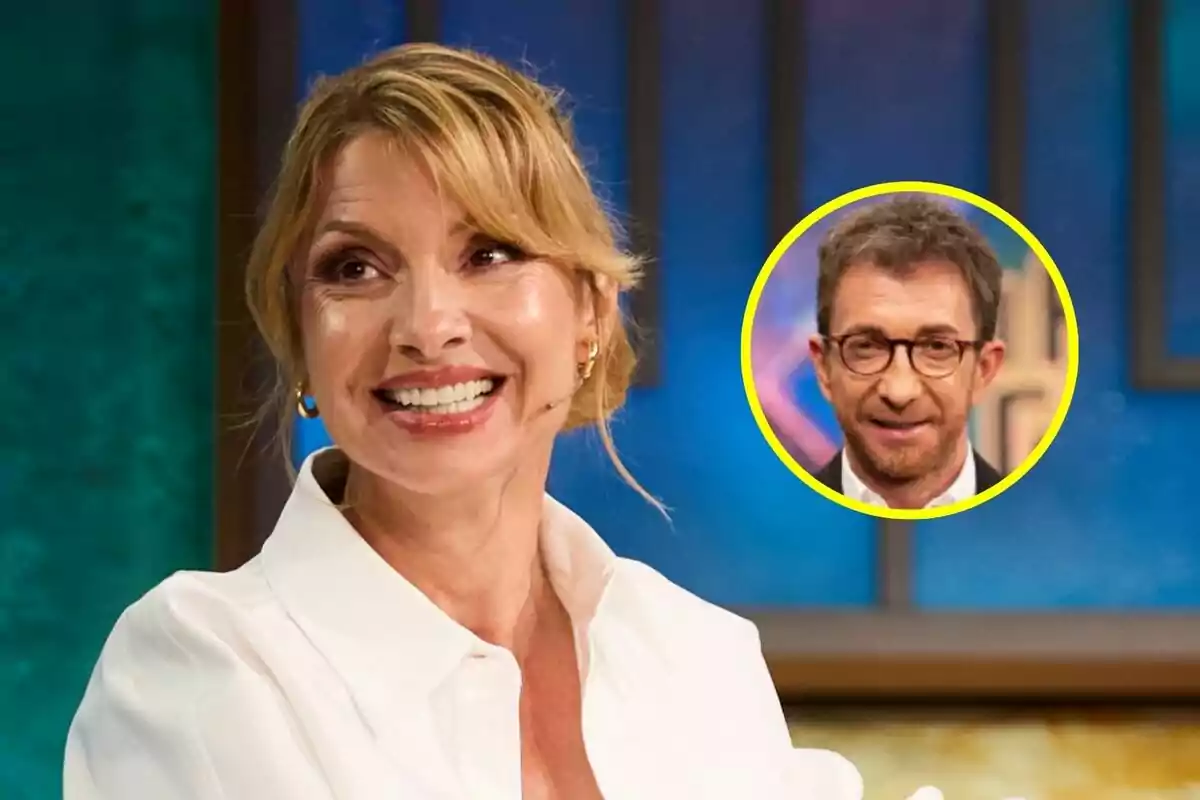 Najwa Nimri sonriente con una camisa blanca en La Revuelta y Pablo Motos en El Hormiguero con gafas en un círculo amarillo en la esquina superior derecha.