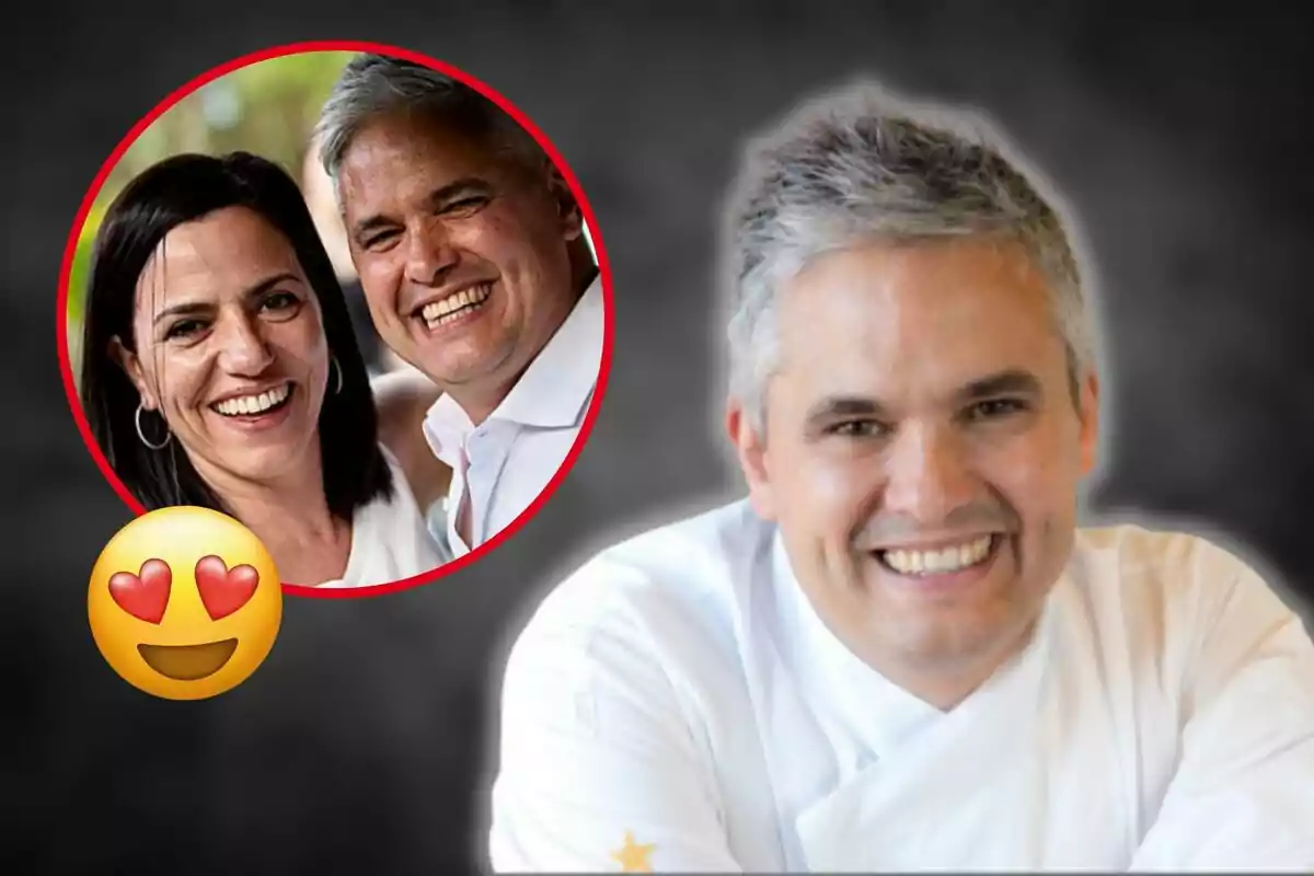 Un hombre sonriente con cabello canoso viste un uniforme de chef y en la esquina superior izquierda hay un círculo con una pareja sonriendo y un emoji de ojos de corazón.