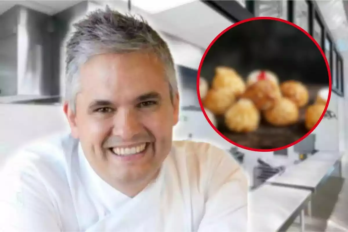 Un chef sonriente en una cocina moderna con una imagen circular de croquetas en el fondo.