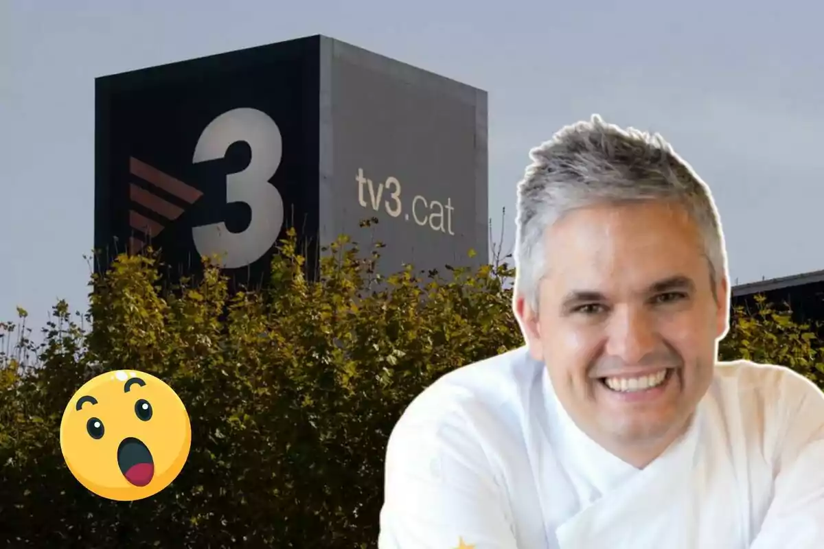 Hombre sonriendo con un emoji sorprendido y un edificio con el logo de TV3 en el fondo.