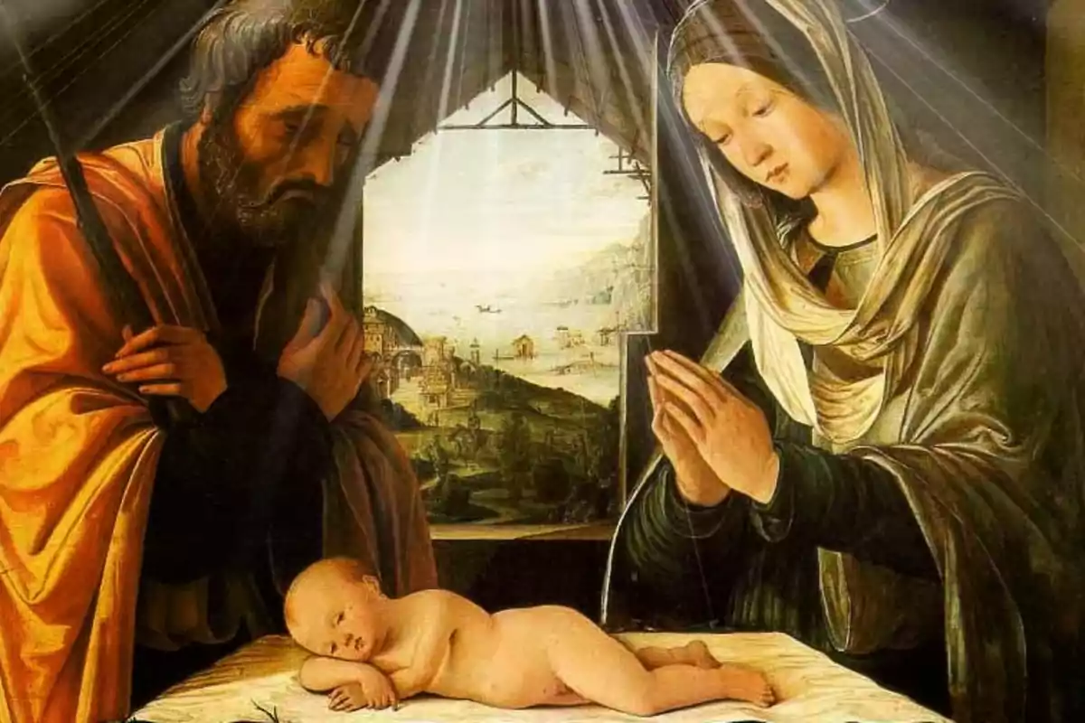 Una pintura religiosa que muestra a un hombre y una mujer orando junto a un bebé acostado sobre una superficie con un paisaje visible a través de una ventana en el fondo.