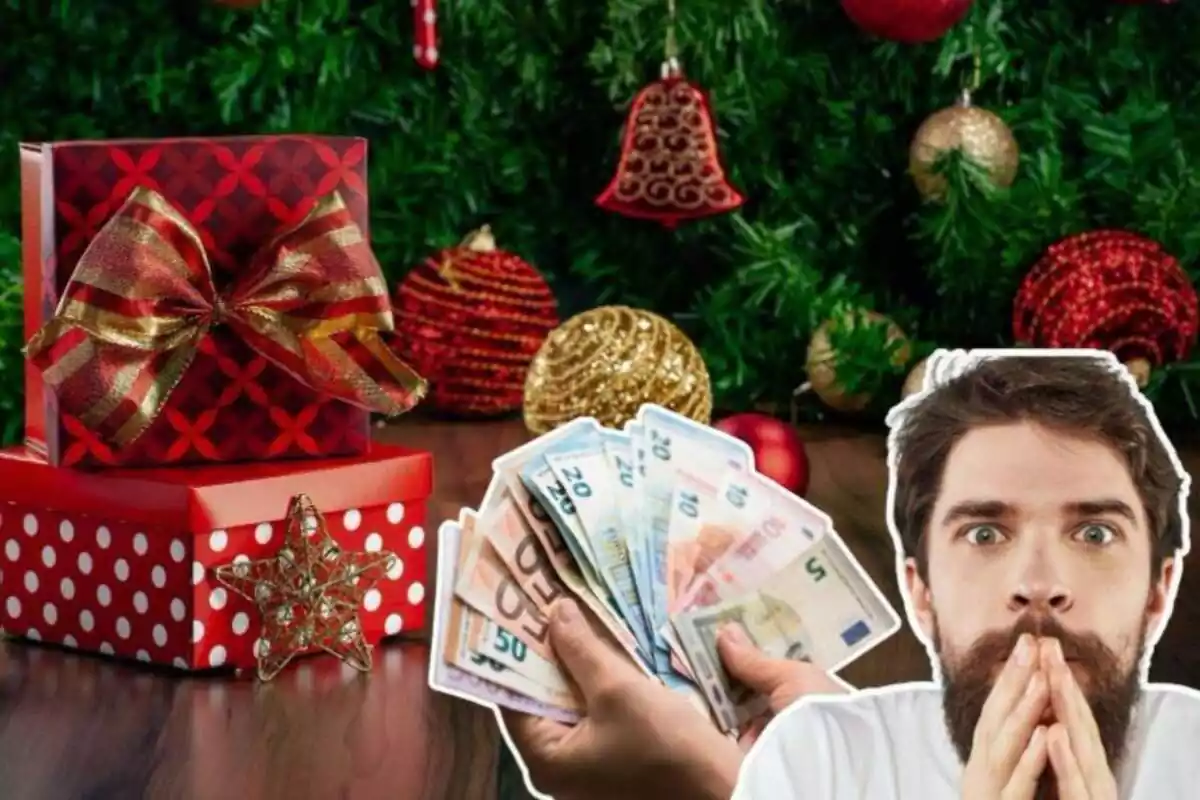 Imagen de fondo de un árbol de Navidad junto a regalos y otra imagen de un hombre sorprendido, junto a otra de varios billetes de euros